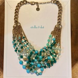 Stella & Dot gold, green, turquoise beaded statement necklace